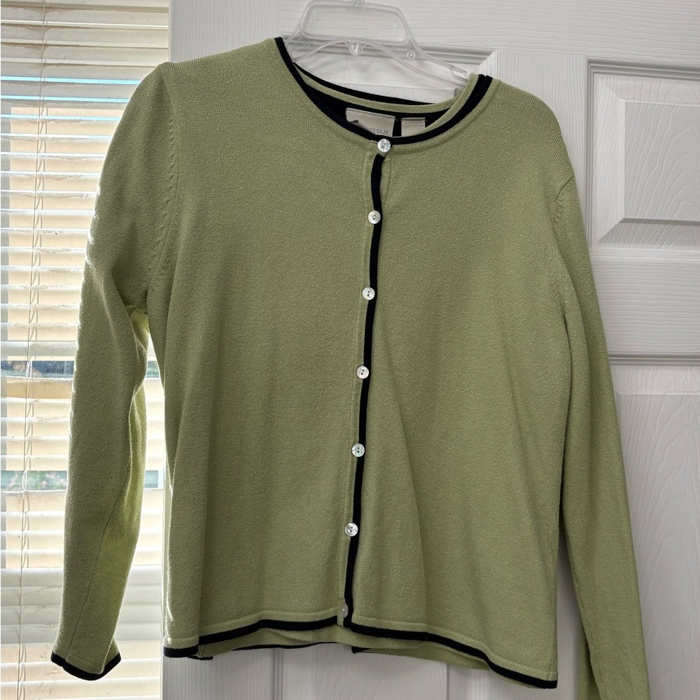 Liz Claiborne Lime Green  Cardigan set with Navy Trim